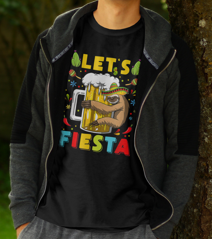 Fiesta Sloth Hugging Beer Mug With Sombrero And Mexican Decor For Cinco De Mayo T-Shirt