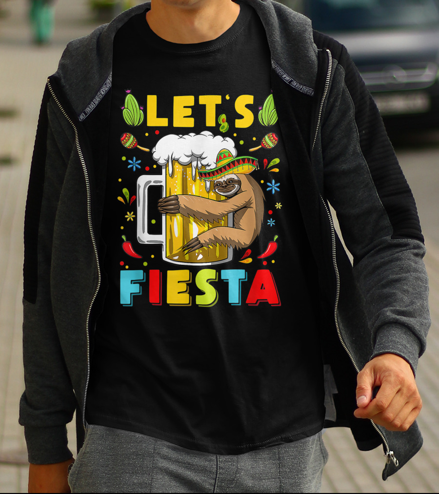 Fiesta Sloth Hugging Beer Mug With Sombrero And Mexican Decor For Cinco De Mayo T-Shirt