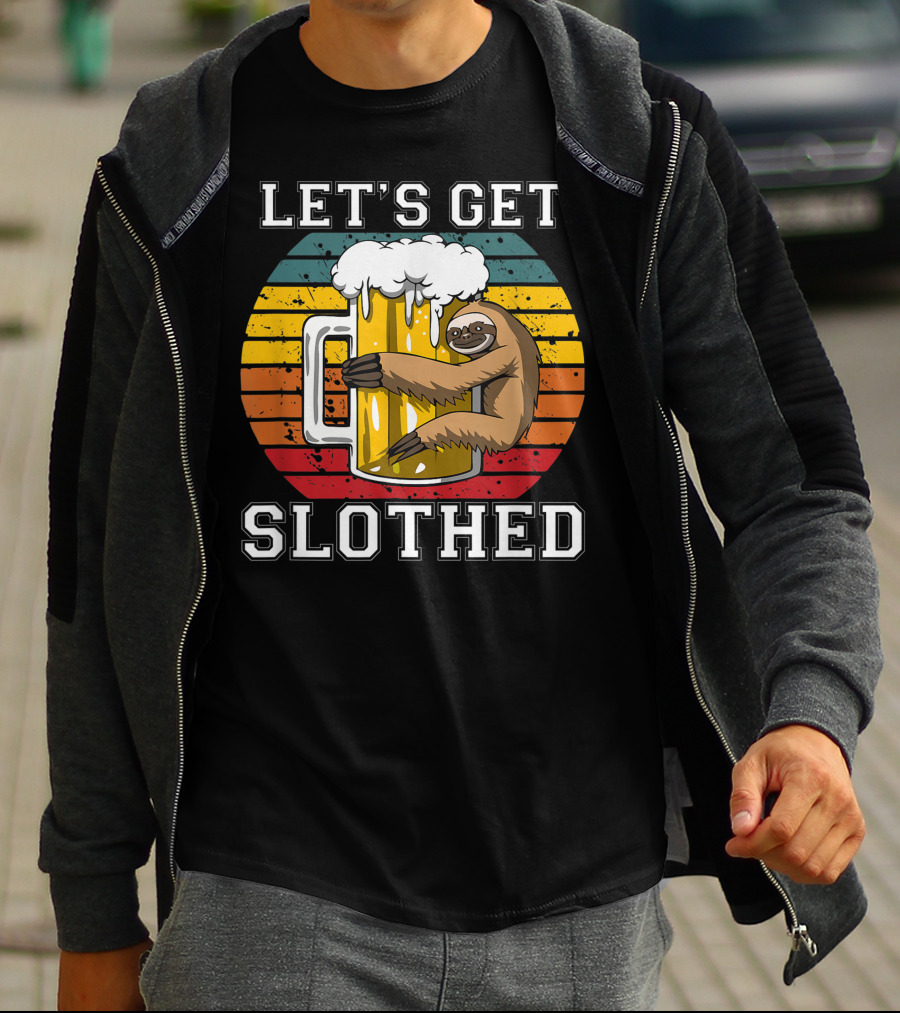 LET'S GET SLOTHED Retro Beer Mug And Sloth Hug T-Shirt