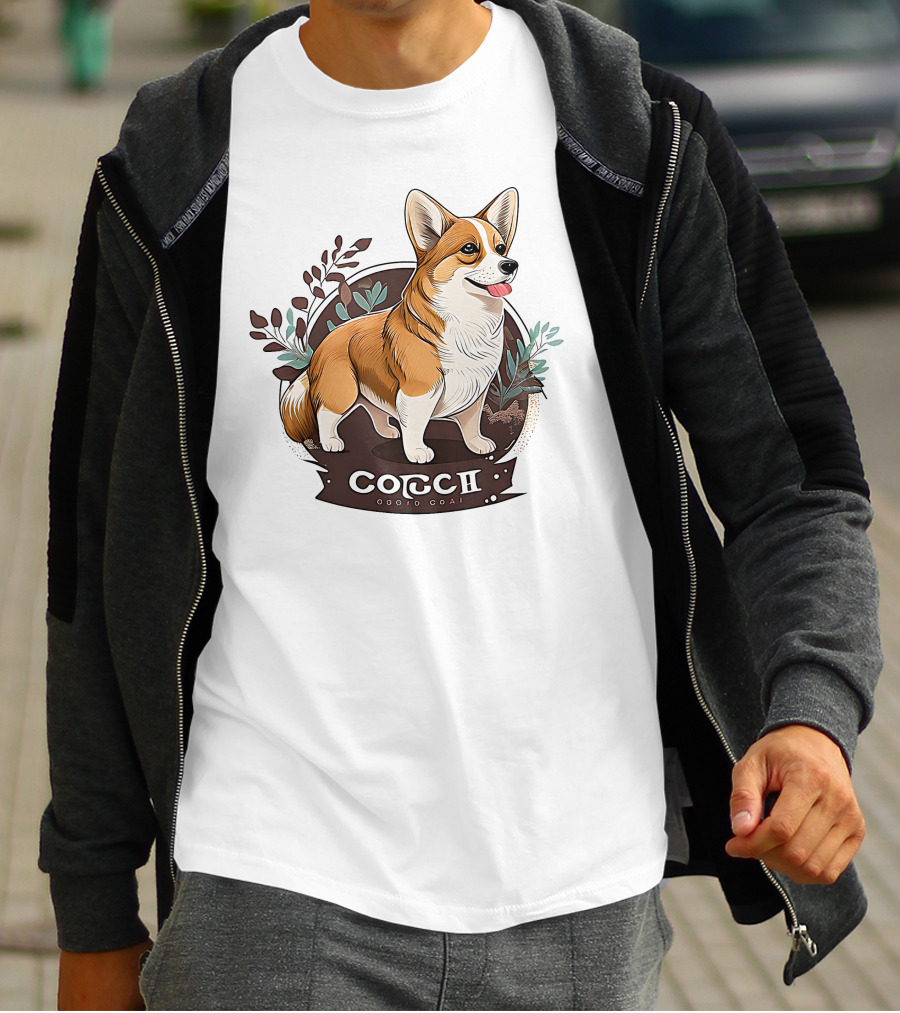 Corgi Cute Baby Dog Illustration With Floral Background T-Shirt