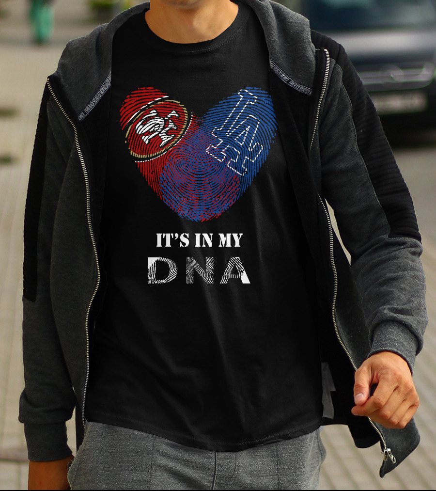 49Ers Dodgers SF LA Heart Fingerprint DNA T-Shirt