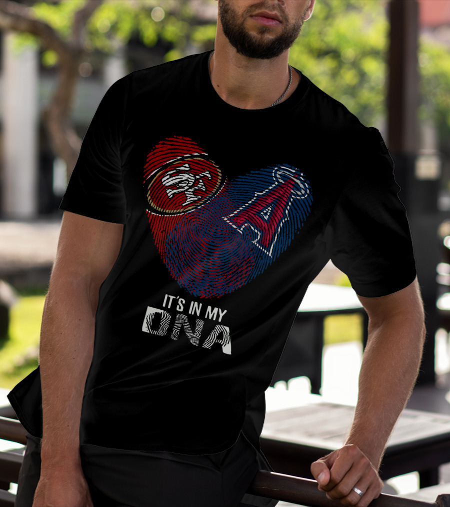 49Ers SF Logo And Los Angeles Angels DNA Fingerprint Heart T-Shirt