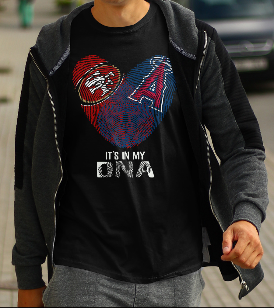 49Ers SF Logo And Los Angeles Angels DNA Fingerprint Heart T-Shirt