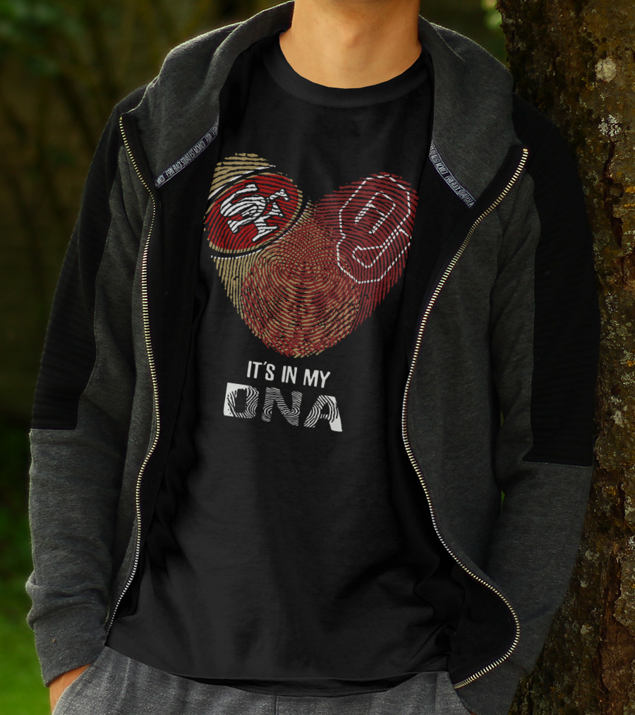 49ers Sooners It’s In My Dna Heart-Shaped Fingerprint With Logos T-Shirt