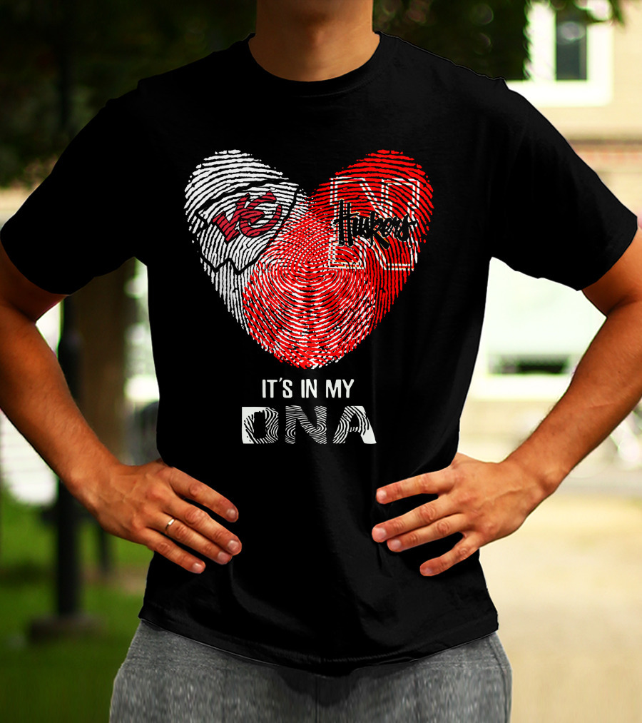 Chiefs Huskers Fingerprint Heart It's In My Dna T-Shirt