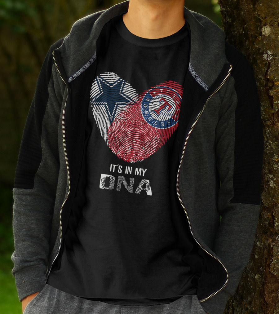 Cowboys Rangers It's In My DNA Fingerprint Heart With Star And Baseball T-Shirt