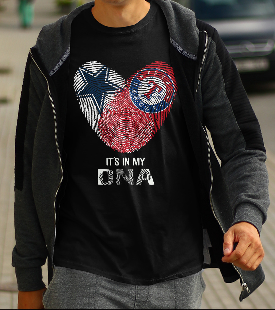 Cowboys Rangers It's In My DNA Fingerprint Heart With Star And Baseball T-Shirt