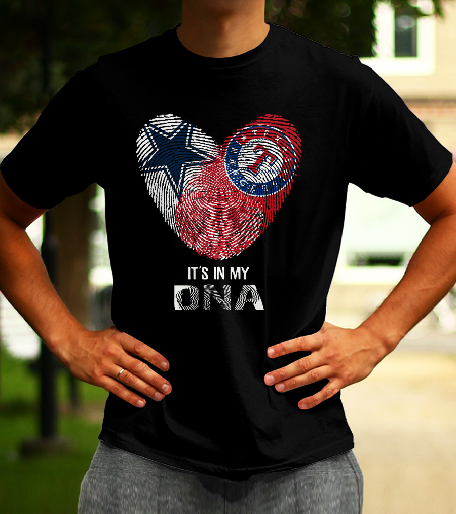 Cowboys Rangers It's In My DNA Fingerprint Heart With Star And Baseball T-Shirt