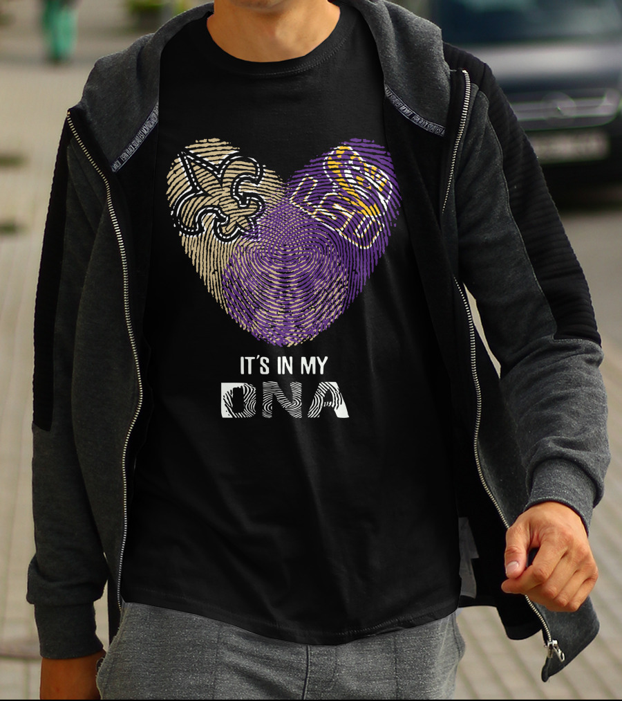 Saints Lsu It's In My Dna Fingerprint Heart Fleur-De-Lis Logo Purple Gold T-Shirt