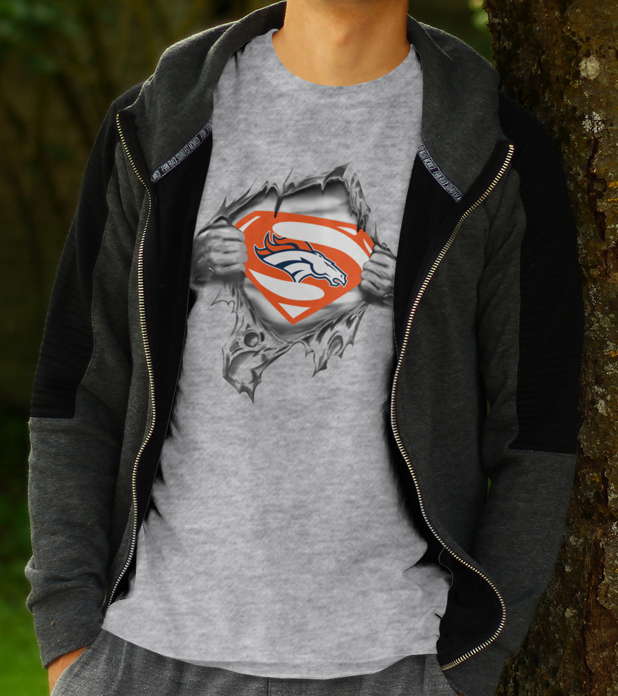 Broncos Super Man Logo Gray Torn Effect T-Shirt