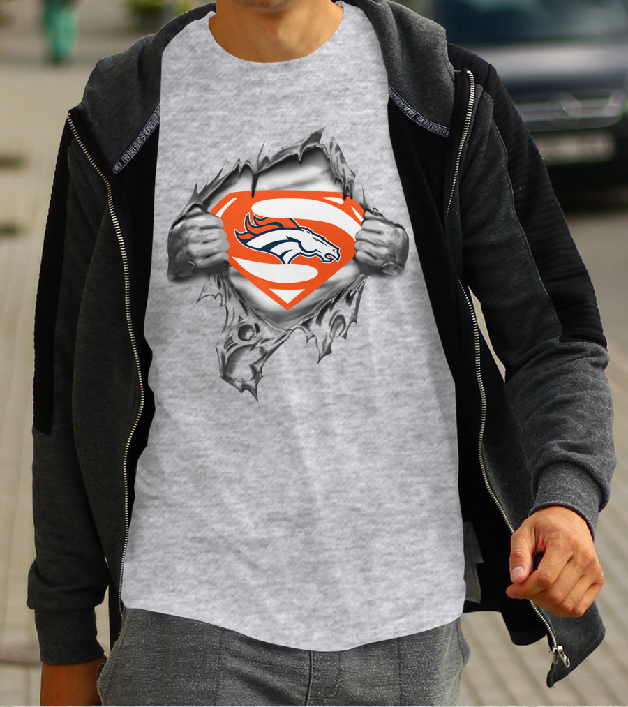 Broncos Super Man Logo Gray Torn Effect T-Shirt