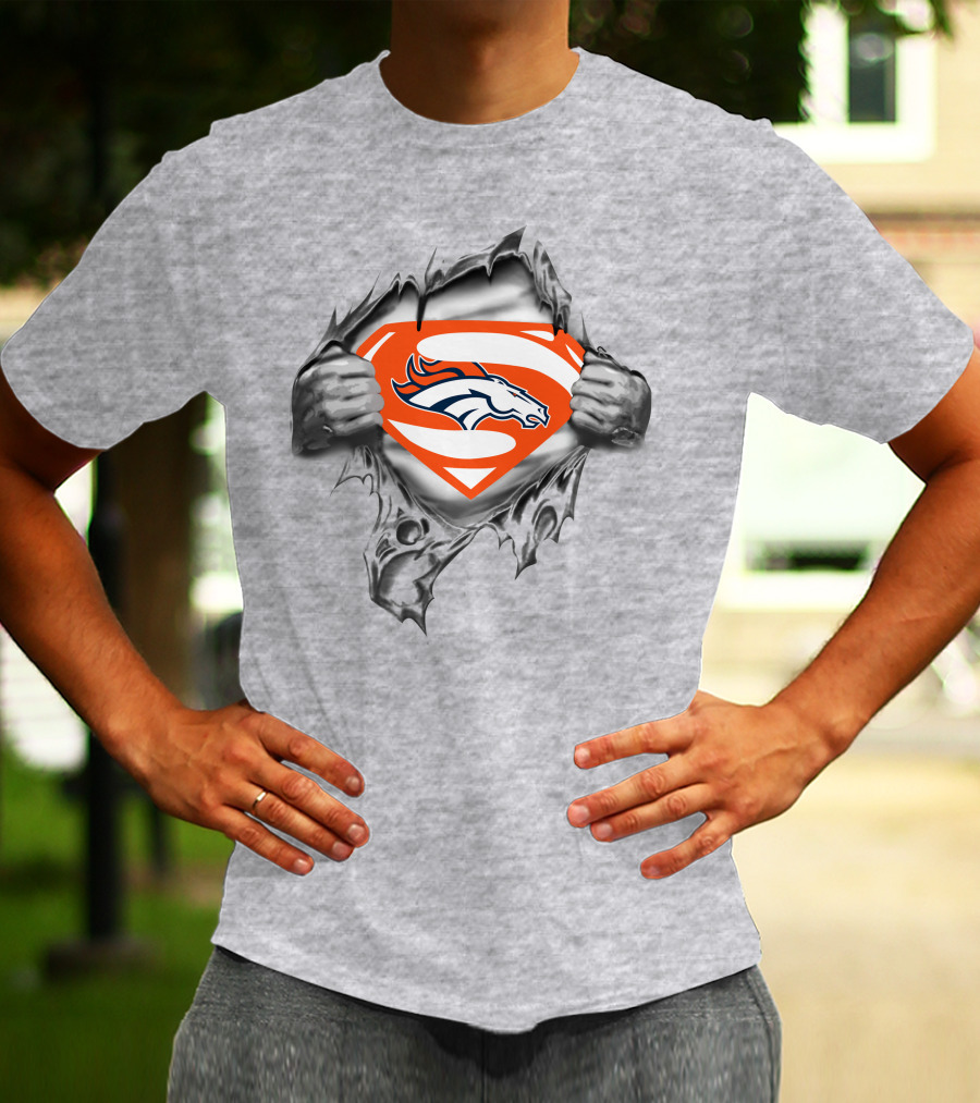 Broncos Super Man Logo Gray Torn Effect T-Shirt