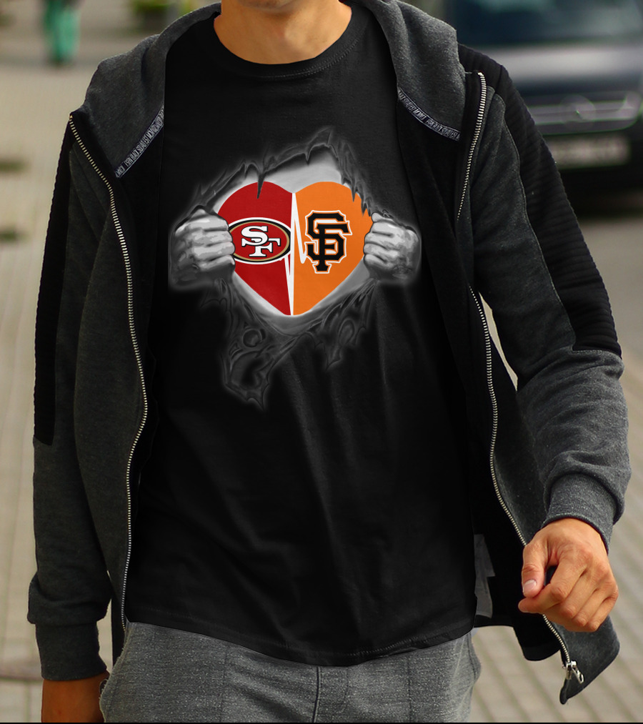 49ers Giants Heart Logos Cloak Tearing Hands T-Shirt