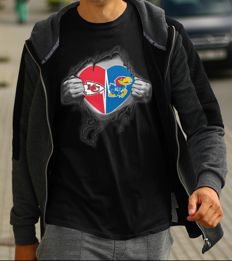 Kansas City Chiefs KU Jayhawks Heart Torn Metal T-Shirt