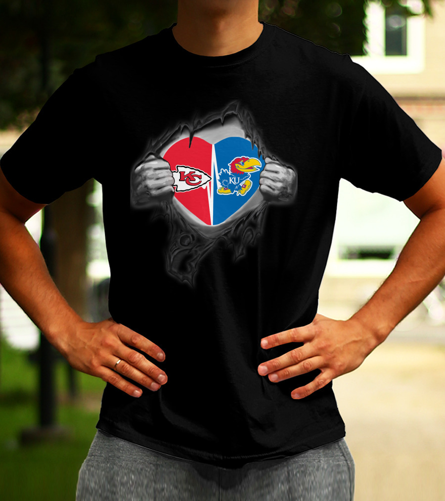 Kansas City Chiefs KU Jayhawks Heart Torn Metal T-Shirt