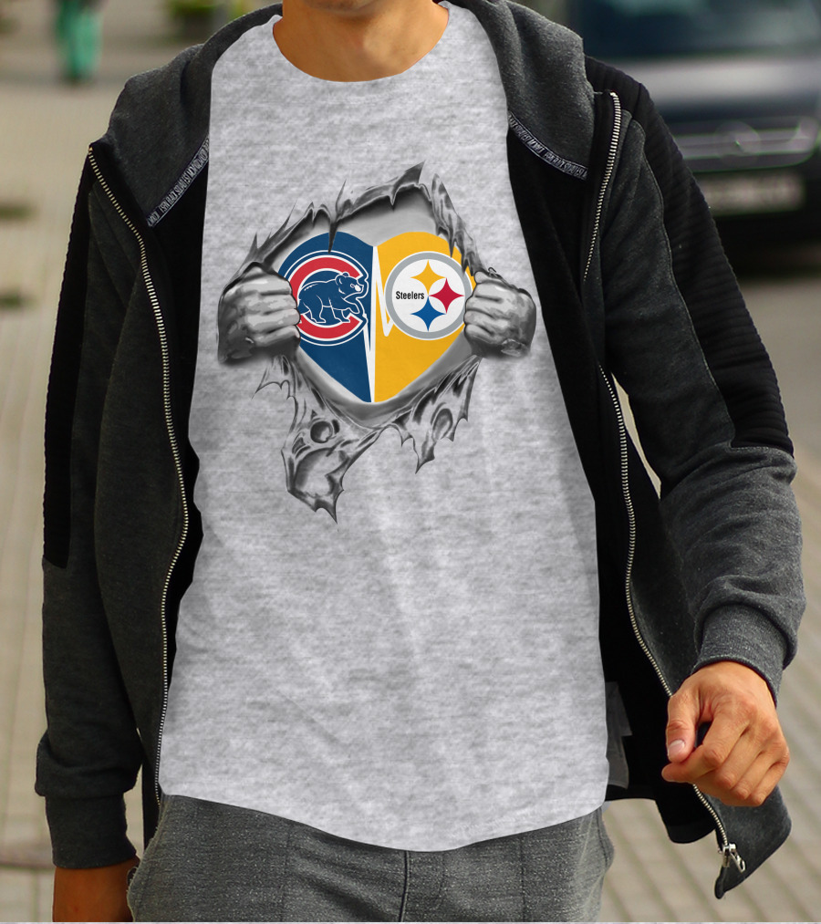 Cubs Steelers Heart Rip Fusion With Iconic Logos T-Shirt