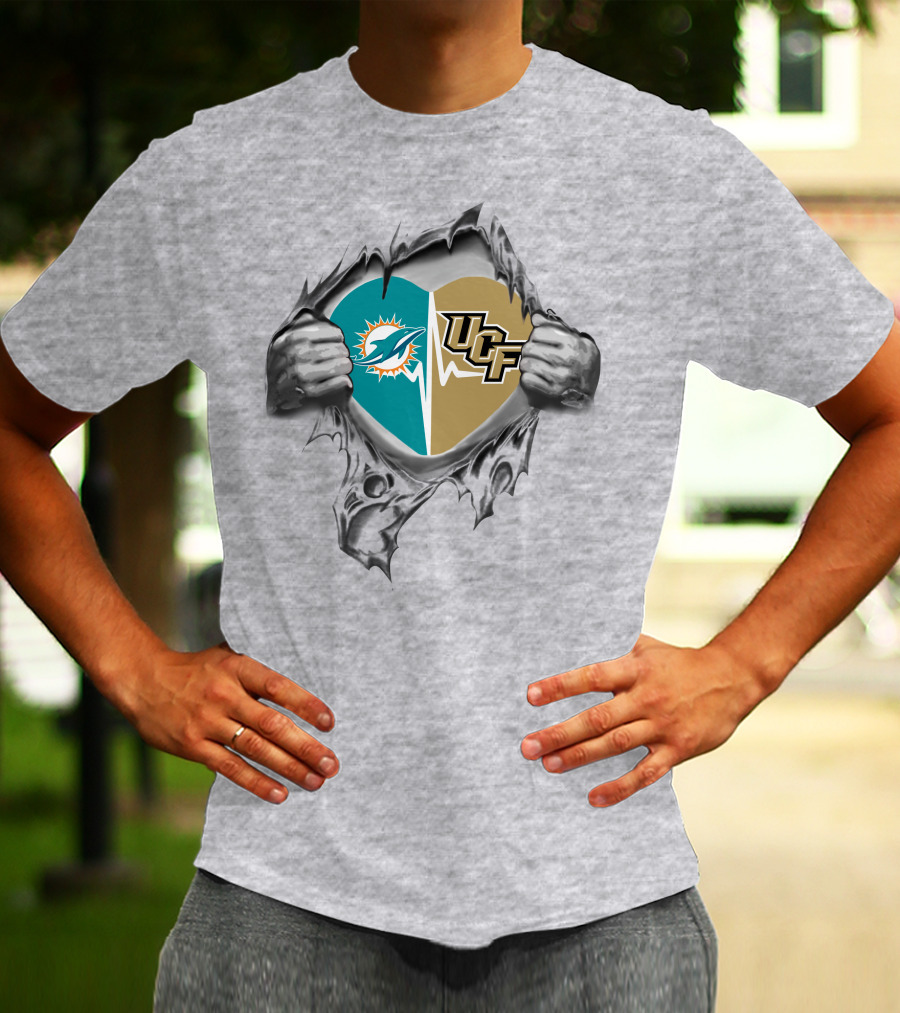 Dolphins UCF Heart Logo Design With Torn Fabric Effect T-Shirt