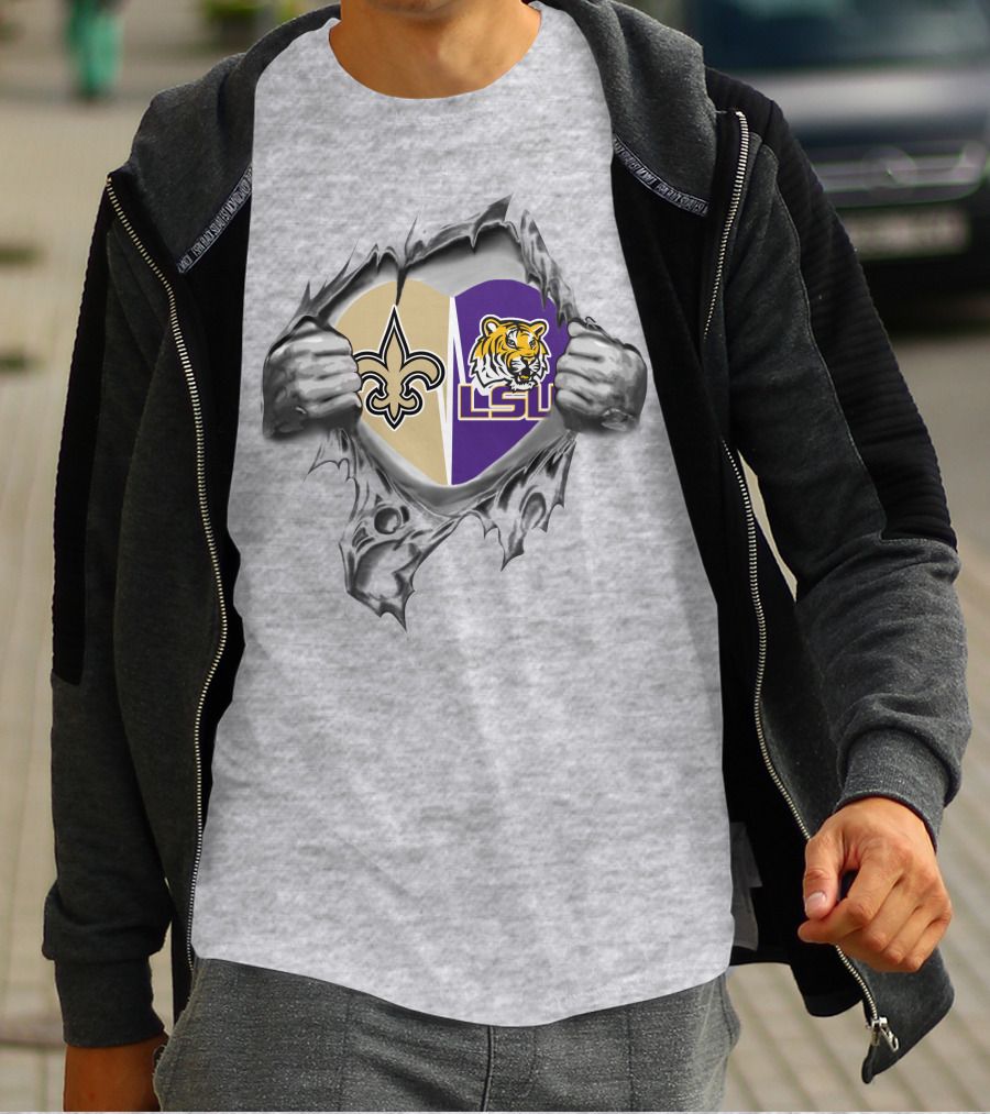 New Orleans Saints And Lsu Tigers Heart Passion Fleur-De-Lis Fan Tribute T-Shirt