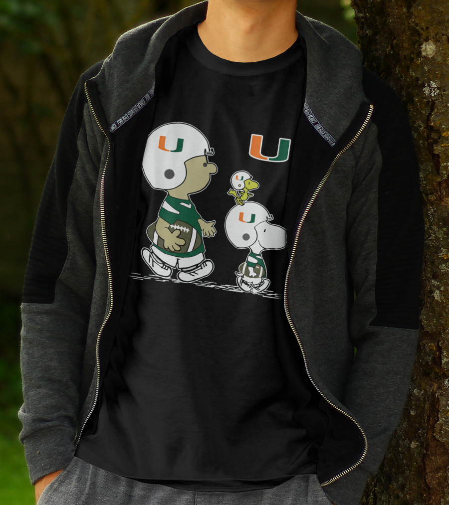 Miami Hurricanes Peanuts Snoopy Woodstock Helmet Football T-Shirt