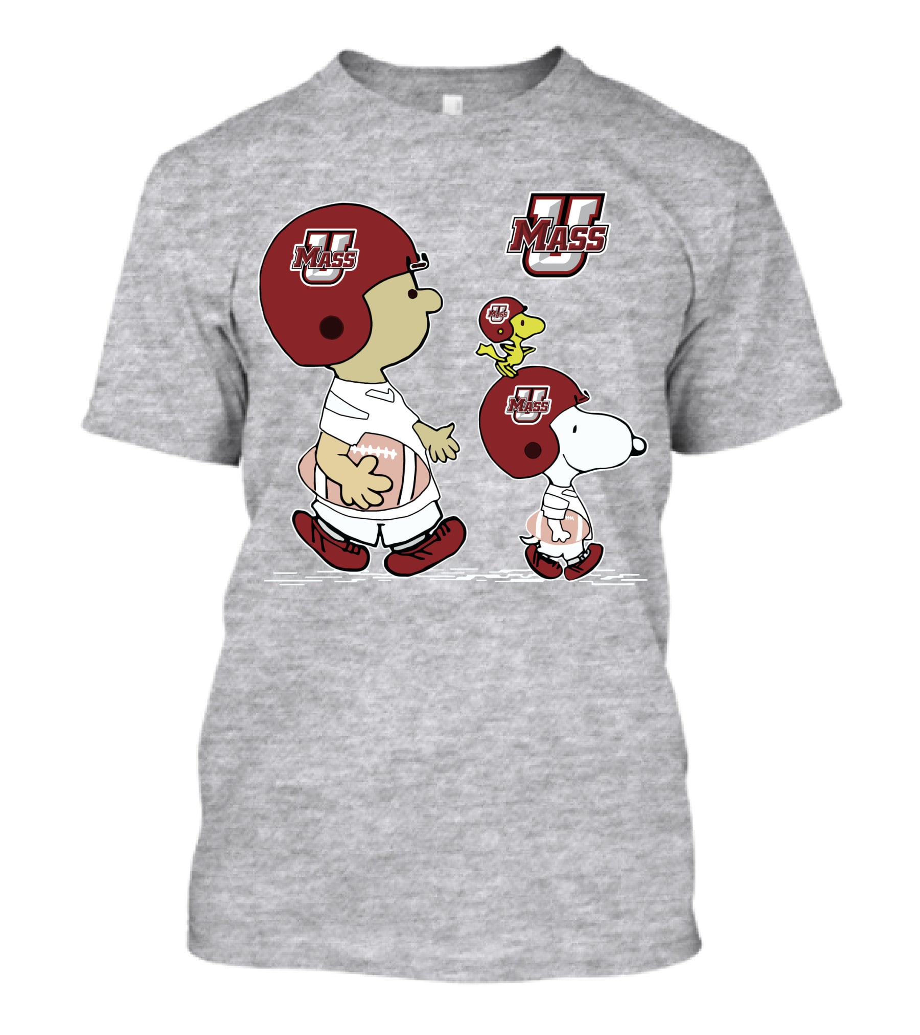 U Mass School Spirit Snoopy Football Helmet Charlie Woodstock T-Shirt