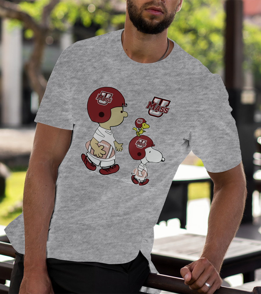 U Mass School Spirit Snoopy Football Helmet Charlie Woodstock T-Shirt