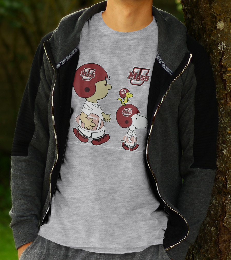 U Mass School Spirit Snoopy Football Helmet Charlie Woodstock T-Shirt