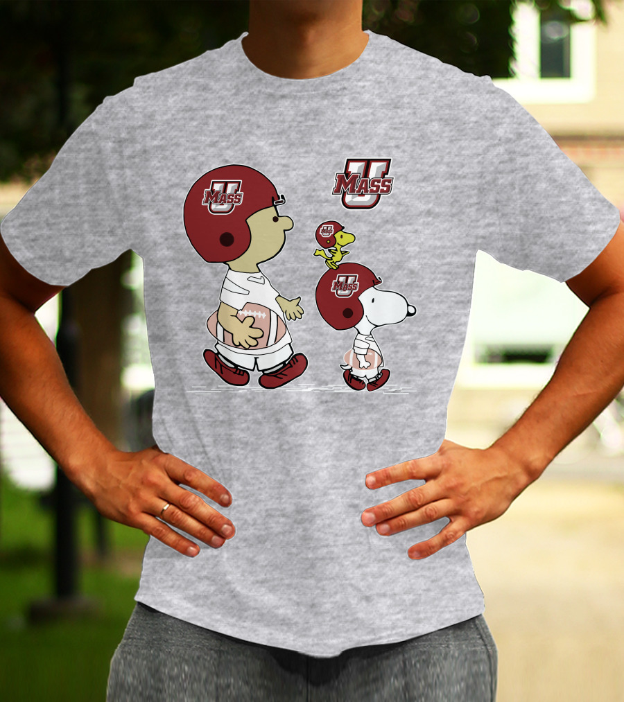 U Mass School Spirit Snoopy Football Helmet Charlie Woodstock T-Shirt
