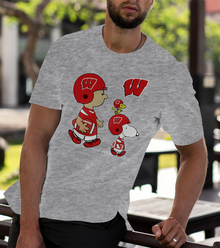 Wisconsin Badgers Snoopy Football Helmet Peanuts Characters Walking Together T-Shirt