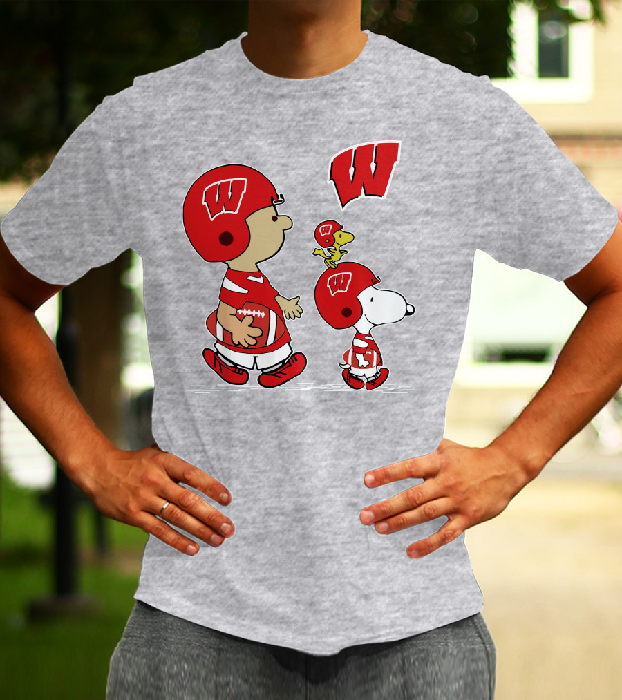 Wisconsin Badgers Snoopy Football Helmet Peanuts Characters Walking Together T-Shirt
