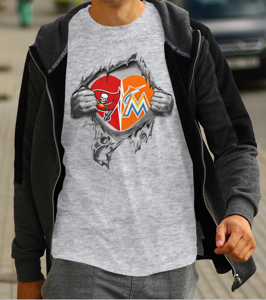 Buccaneers And Miami Marlins Heart Inside Tear T-Shirt