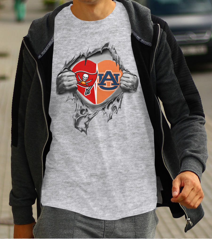 Buccaneers And Auburn Tigers Heart Emblem Fusion T-Shirt