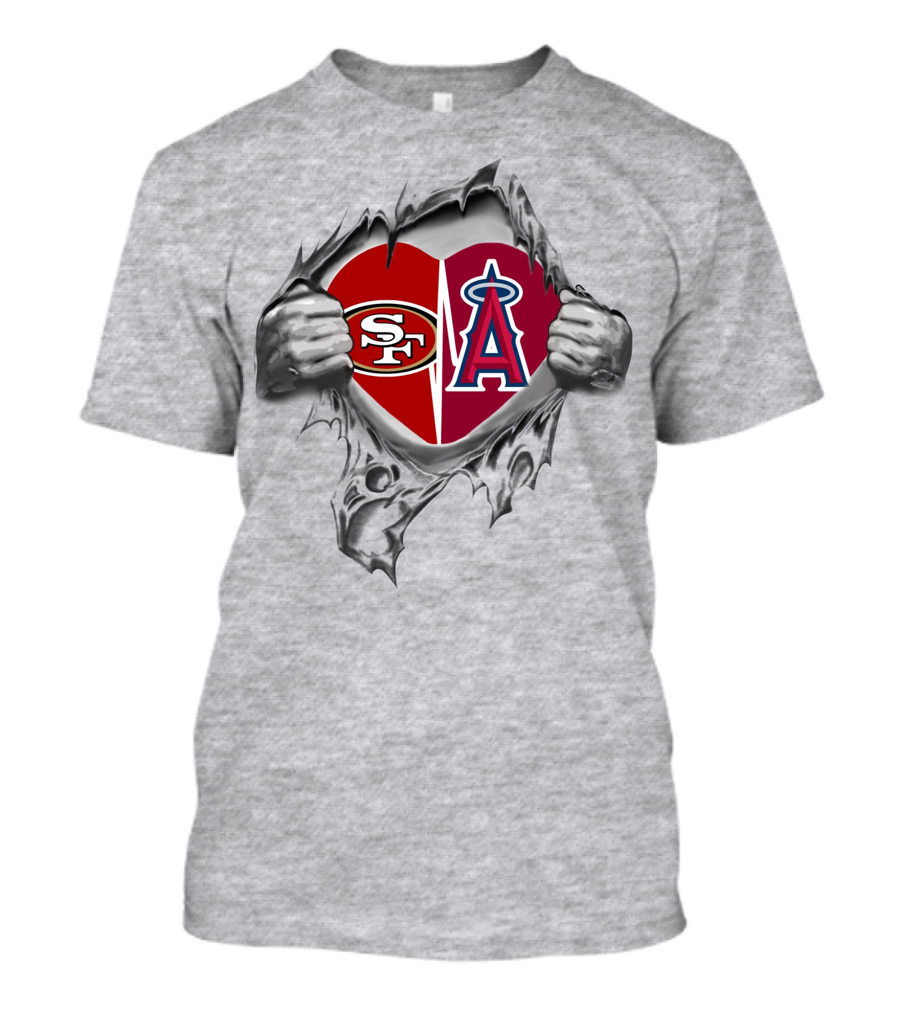SF 49Ers Los Angeles Angels Heart Logos Torn Gray Background T-Shirt