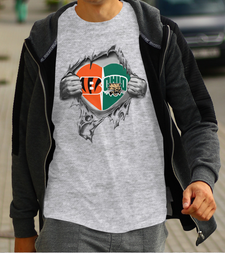 Cincinnati Bengals Ohio Bobcats Heart Logo Football T-Shirt