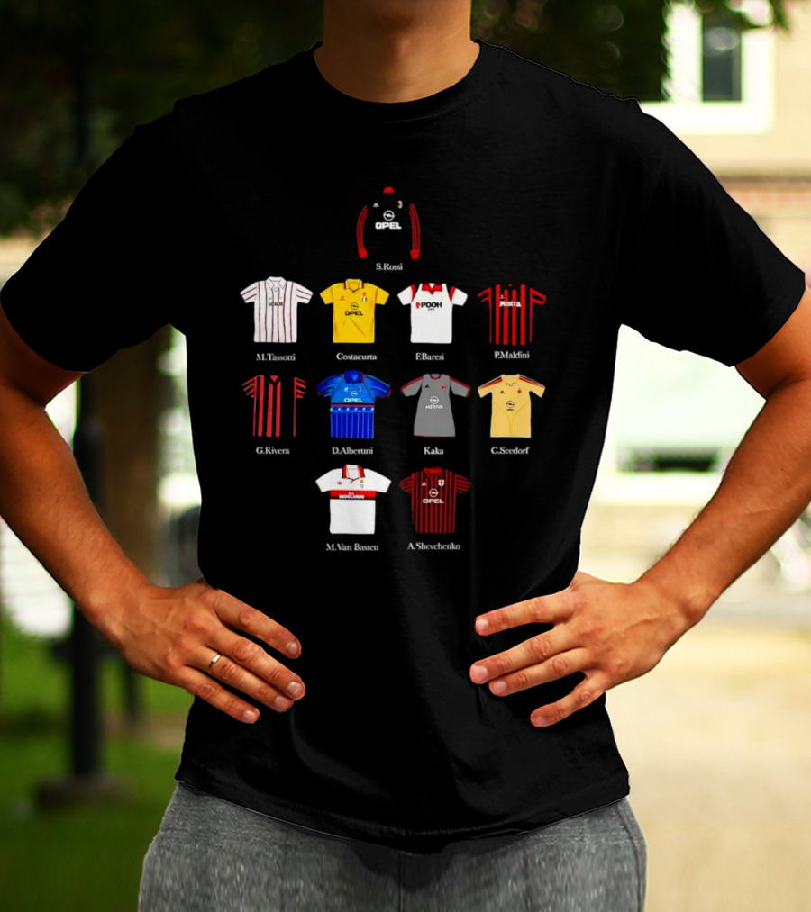 A.C. Milan FC Opel Uniform S. Rossi M. Tassotti A. Costacurta F. Baresi P. Maldini G. Rivera D. Albertini Kaka C. Seedorf M. Van Basten A. Shevchenko T-Shirt