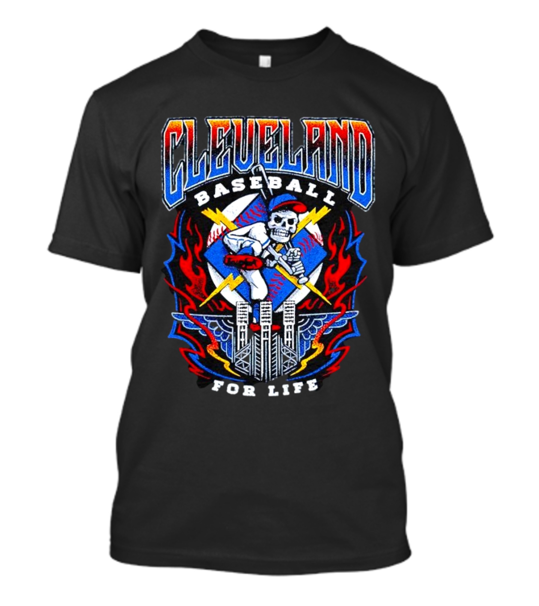 Cleveland Baseball For Life Skeleton Bat Tower Flames T-Shirt