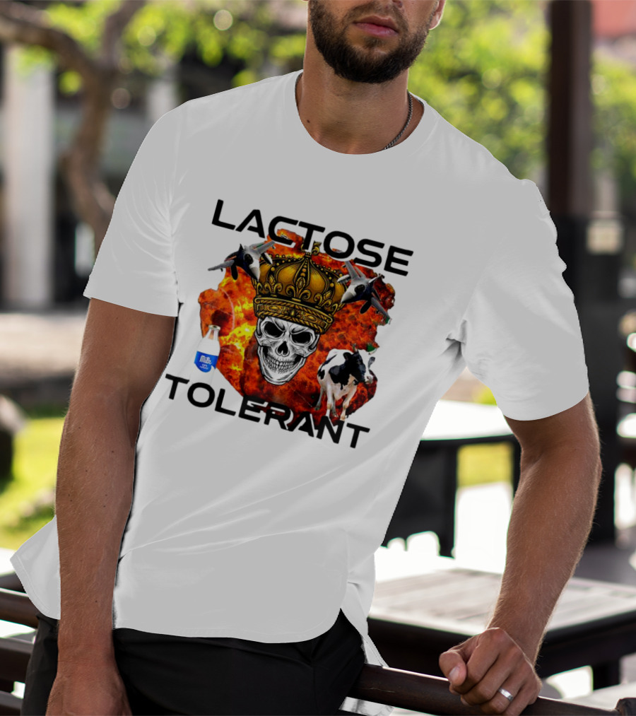 Lactose Tolerant Skull Crown Cow Milk Aircraft Explosion T-Shirt