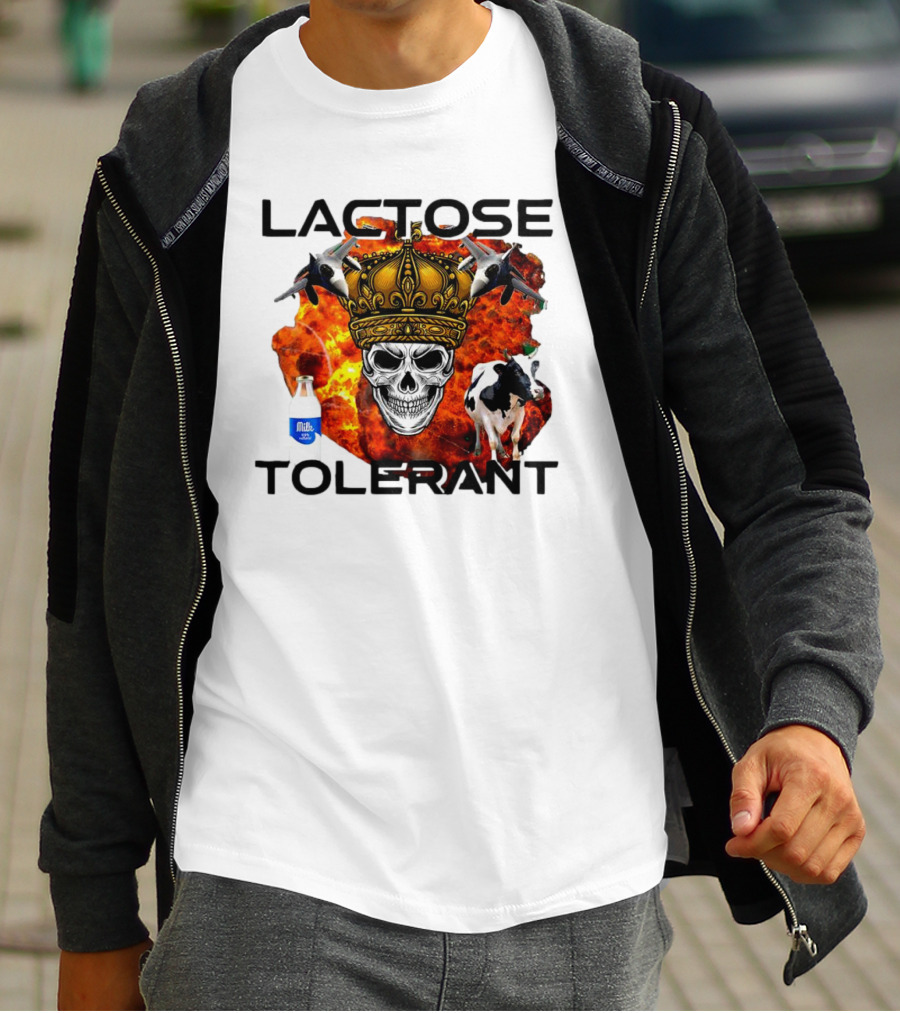 Lactose Tolerant Skull Crown Cow Milk Aircraft Explosion T-Shirt