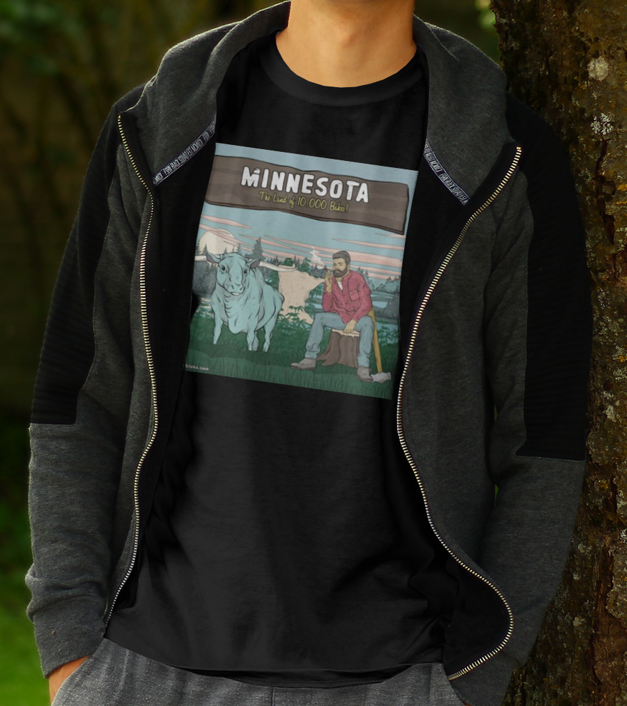 Minnesota The Land Of 10,000 Bakes With Blue Ox And Lumberjack In Forest Scene T-Shirt