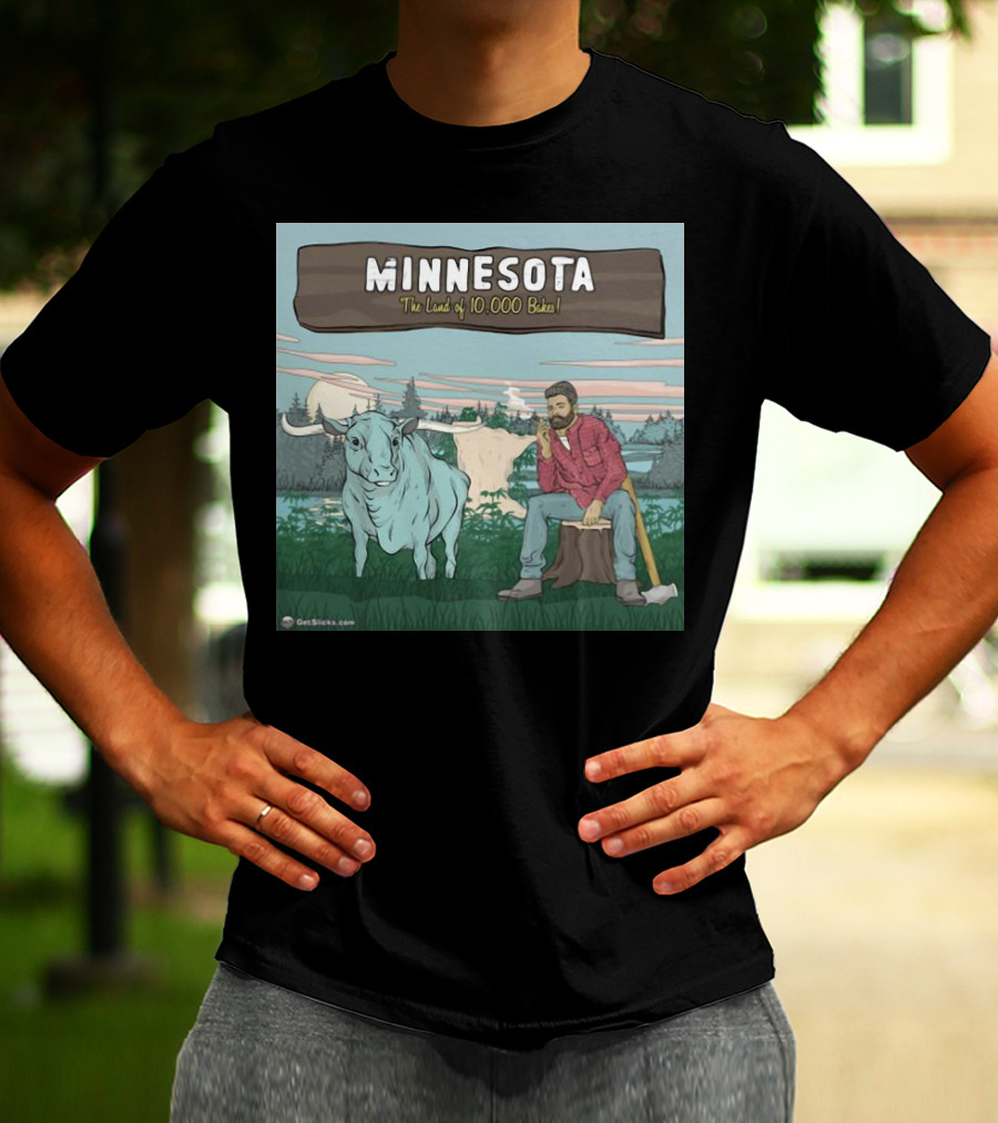 Minnesota The Land Of 10,000 Bakes With Blue Ox And Lumberjack In Forest Scene T-Shirt