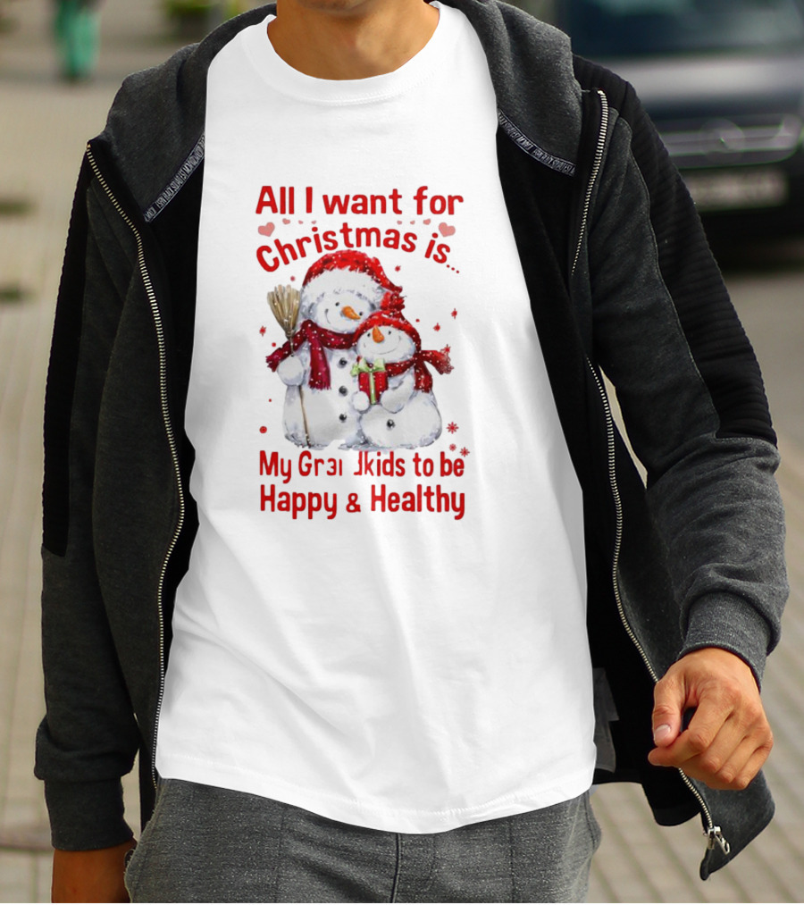 All I Want For Christmas Is My Grandkids To Be Happy And Healthy Snowman Family T-Shirt