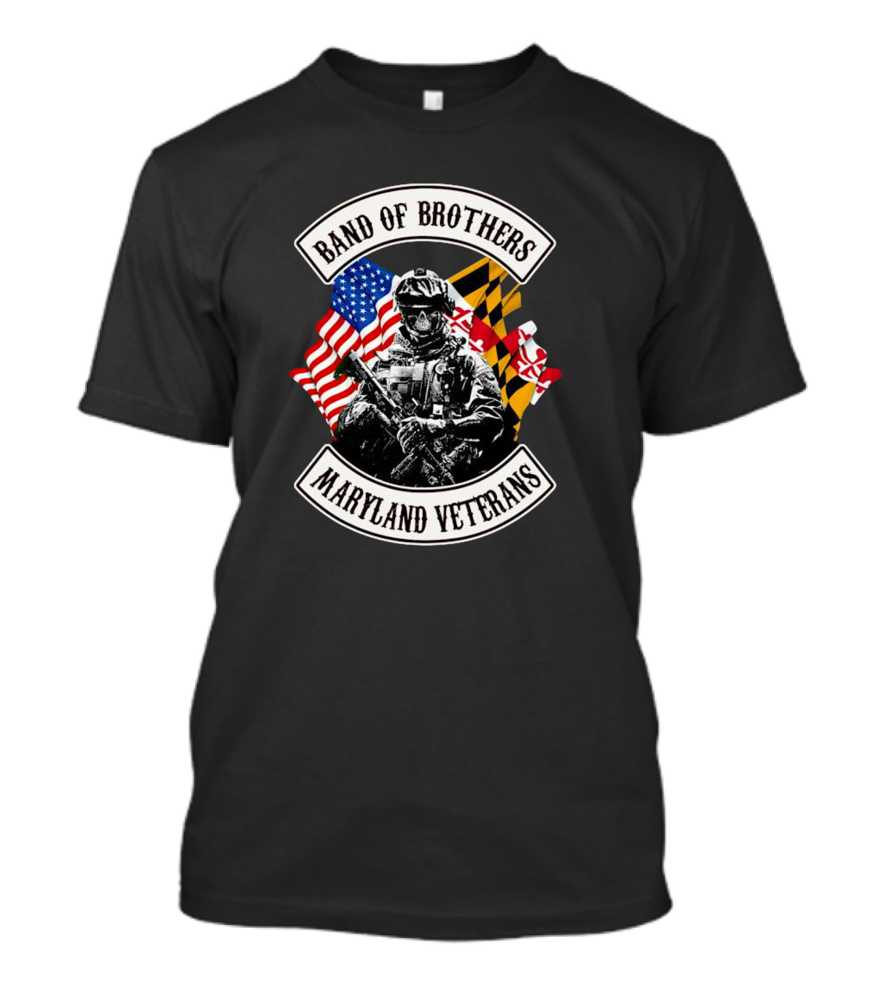 Band Of Brothers Maryland Veterans Soldier With American And Maryland Flags T-Shirt