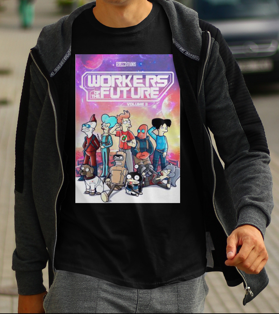 SLURM STUDIOS Workers Of The Future Volume 3 Futurama Characters Retro Futuristic T-Shirt