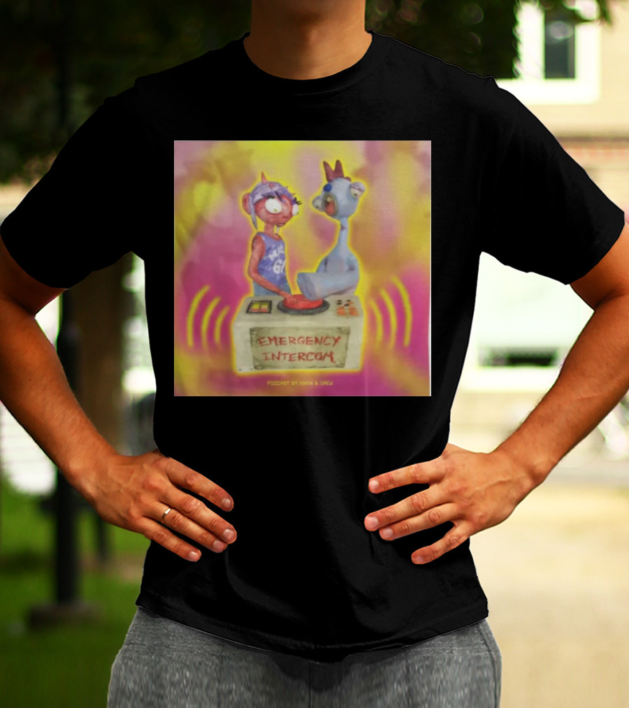 Emergency Intercom Podcast By Enya And Drew Vibrant Cartoon Characters On Bright Background T-Shirt