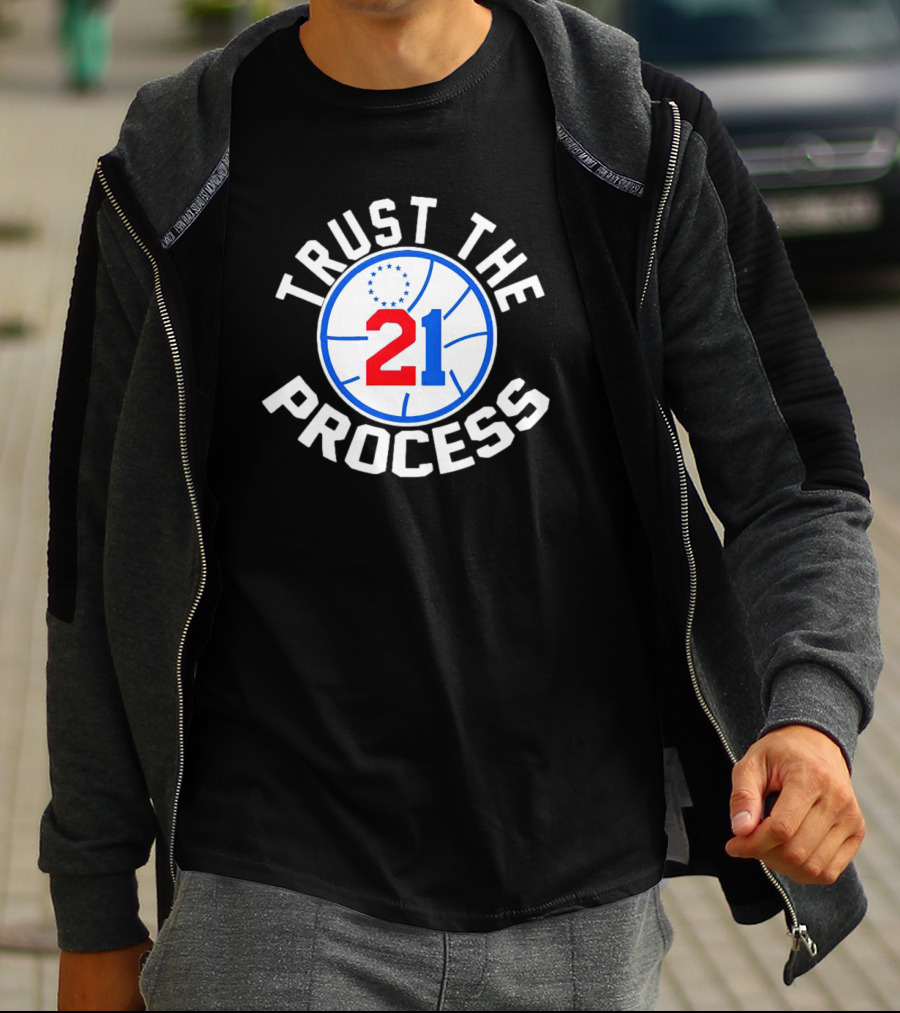 Philadelphia 76ers Joel Embiid 21 Trust The Process Basketball Emblem T-Shirt