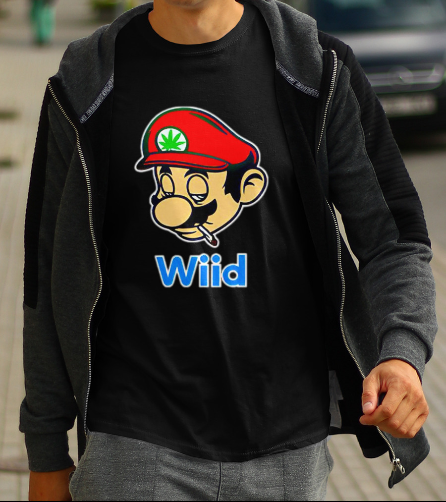 Super Mario Wiid Smoking Parody With Red Hat And Marijuana Leaf T-Shirt