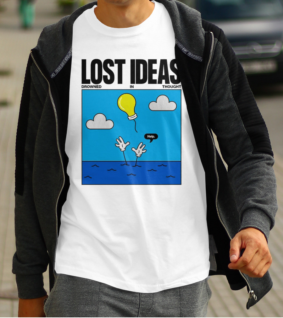 Lost Ideas Drowned In Thought Help Lightbulb Above Water Hands Clouds T-Shirt