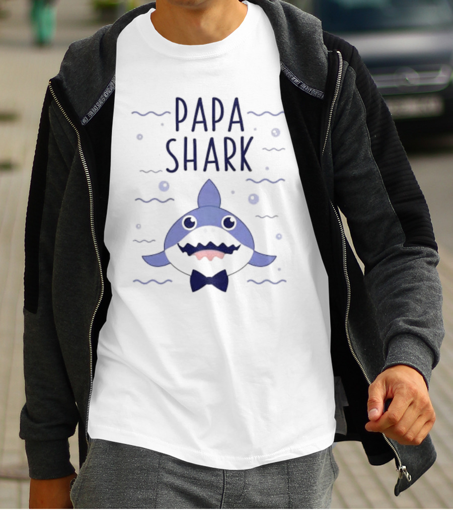 Papa Shark Bowtie Cartoon Ocean Waves T-Shirt