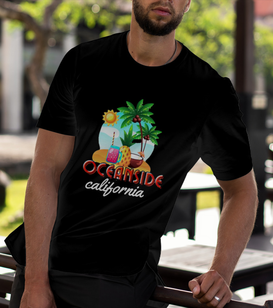 Oceanside California Tropical Beach Scene With Palm Trees, Sun, Pineapple, Coconut Drink, And Refreshing Beverage T-Shirt