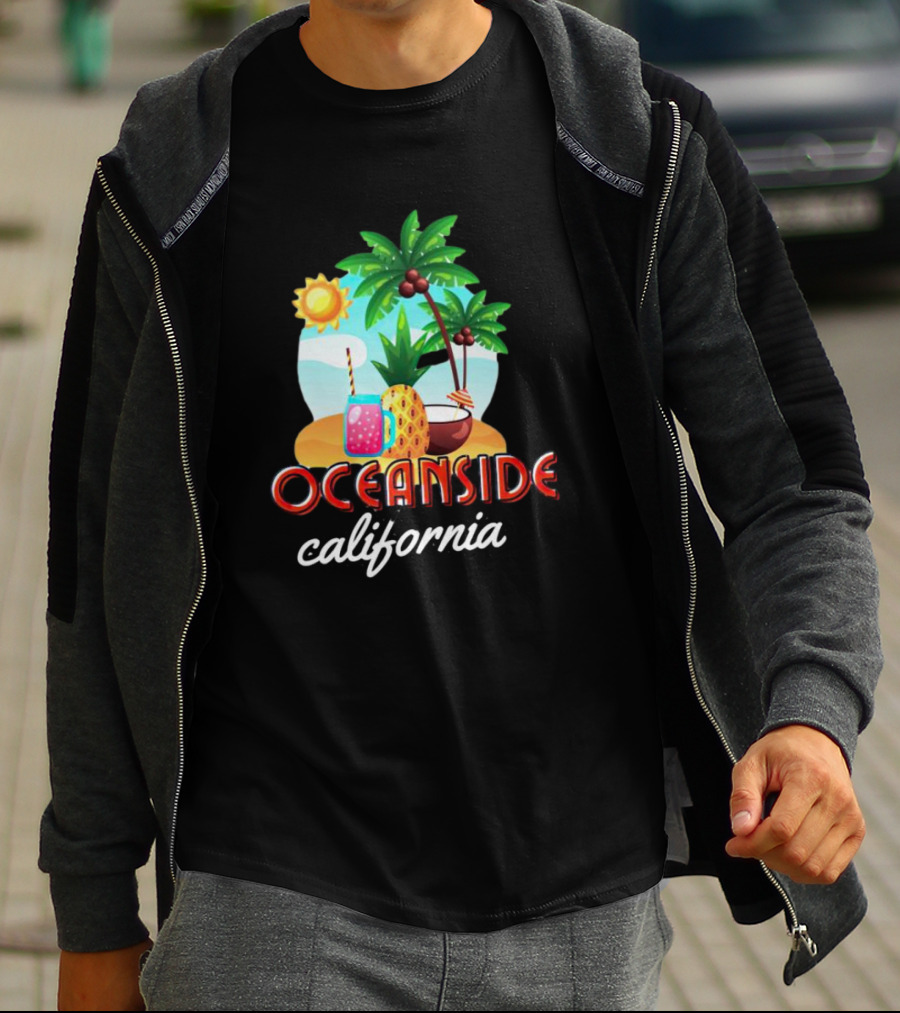 Oceanside California Tropical Beach Scene With Palm Trees, Sun, Pineapple, Coconut Drink, And Refreshing Beverage T-Shirt