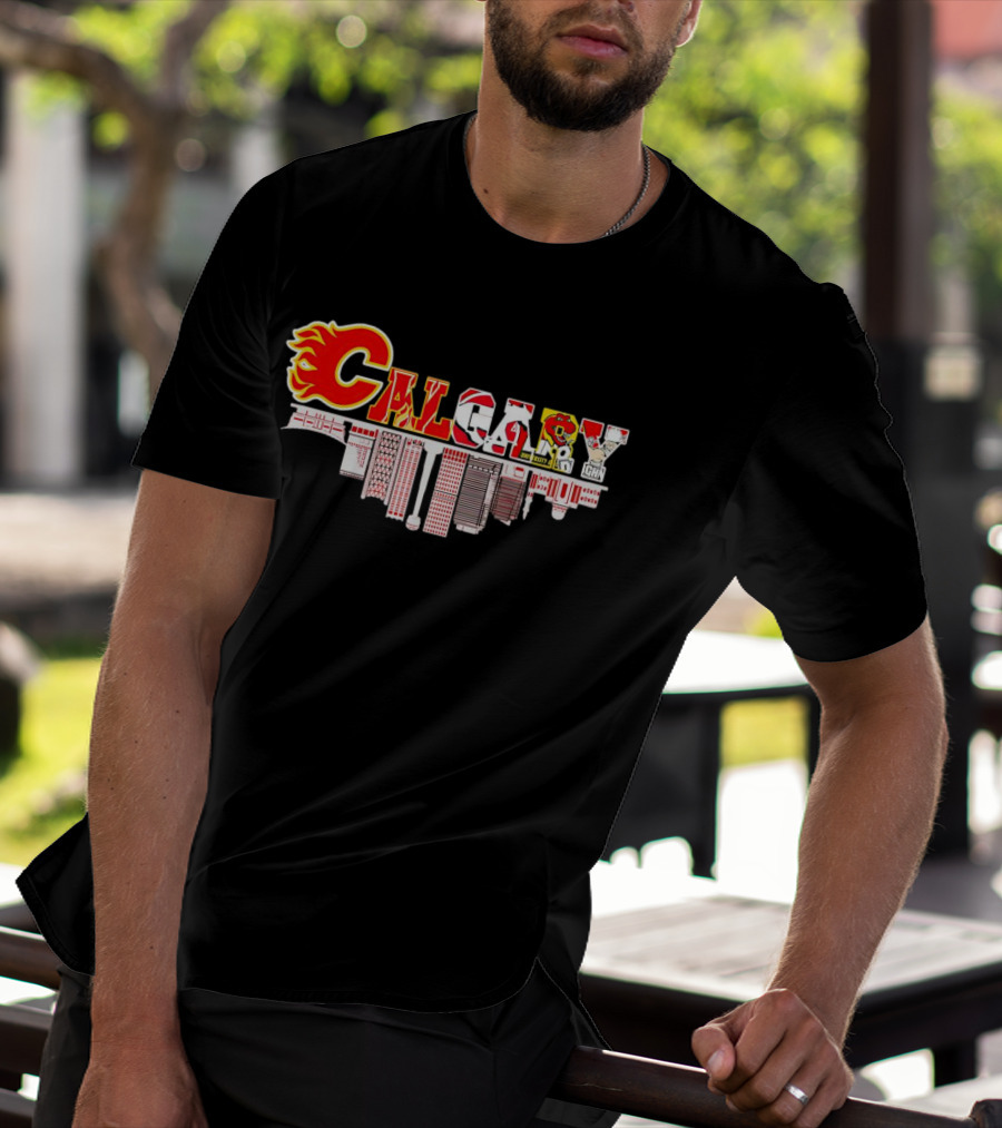 Calgary Flames Inspired Cityscape With Upside Down Skyline And Team Elements T-Shirt